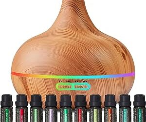 Pure Daily Care Ultimate Aromatherapy Diffuser & Essential Oil Set-Ultrasonic Diffuser & Top 10 Essential Oils-300ml Diffuser with 4 Timer & 7 Ambient Light Settings-Therapeutic Grade Essential Oils