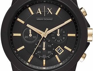 Armani Exchange Men's Chronograph Dress Watch with Leather, Steel or Silicone Band, Watch and Luggage Tag Gift Set, Gold Luggage Tag Set