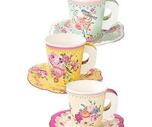 Talking Tables Pack of 12 Bright Pastel Colour Vintage Paper Floral Tea Party Paper Cups and Saucers | Truly Scrumptious | for Birthday or Garden Party, Afternoon Teas, Baby Shower, Wedding