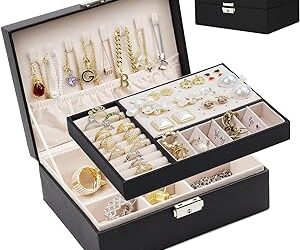 SYCARON Jewelry Organizer Box for Women and Girls, 2 Layer Jewellery Display Storage Case PU Leather Soft Lining with Lock for Rings Earrings Necklace Bracelets Watches, Christmas Gift, Black
